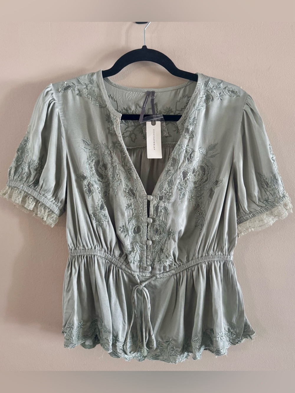 Anthropologie Silky Sage Green Embroidered Peplum Blouse